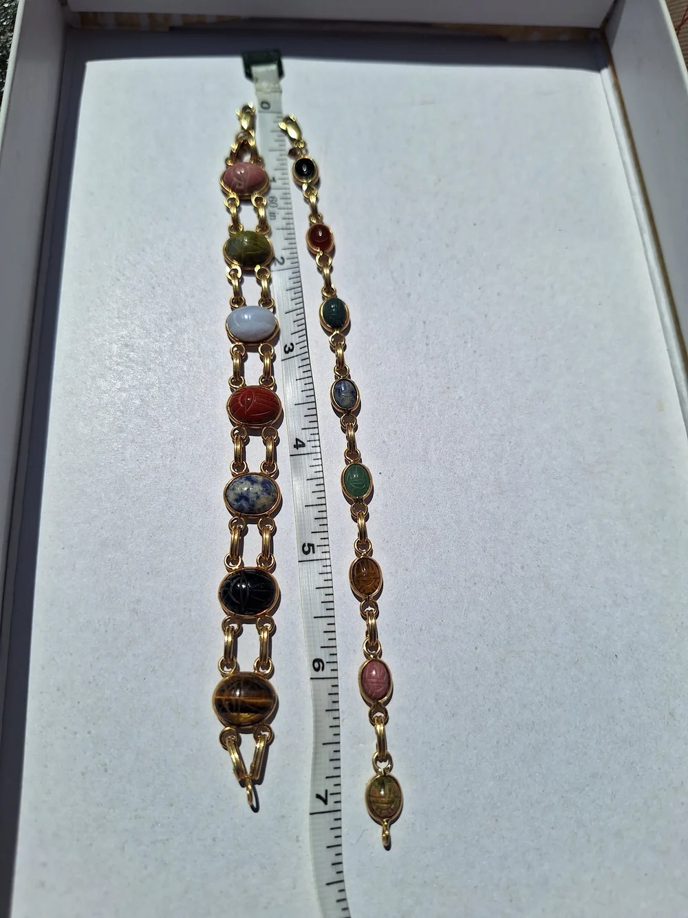 14K Gold Egyptian Revival Multi-Stone Scarab Link Bracelet - Assorted Colors